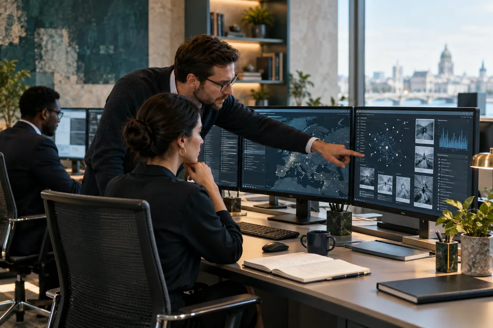 Illustrative threat intelligence analysts examining research on monitors