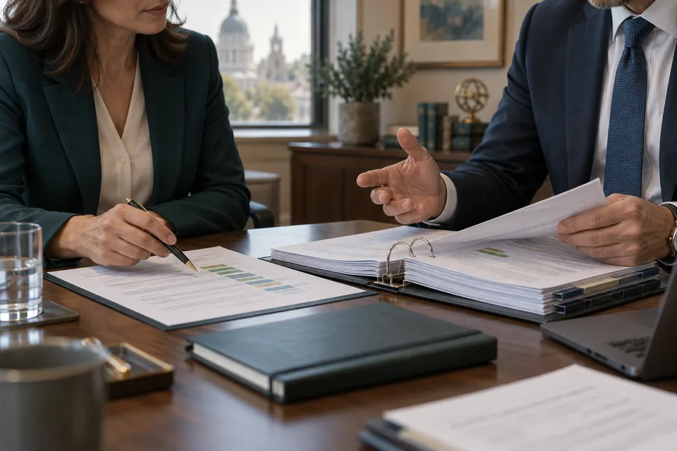 Illustrative reviewers checking a remediation register and evidence binder
