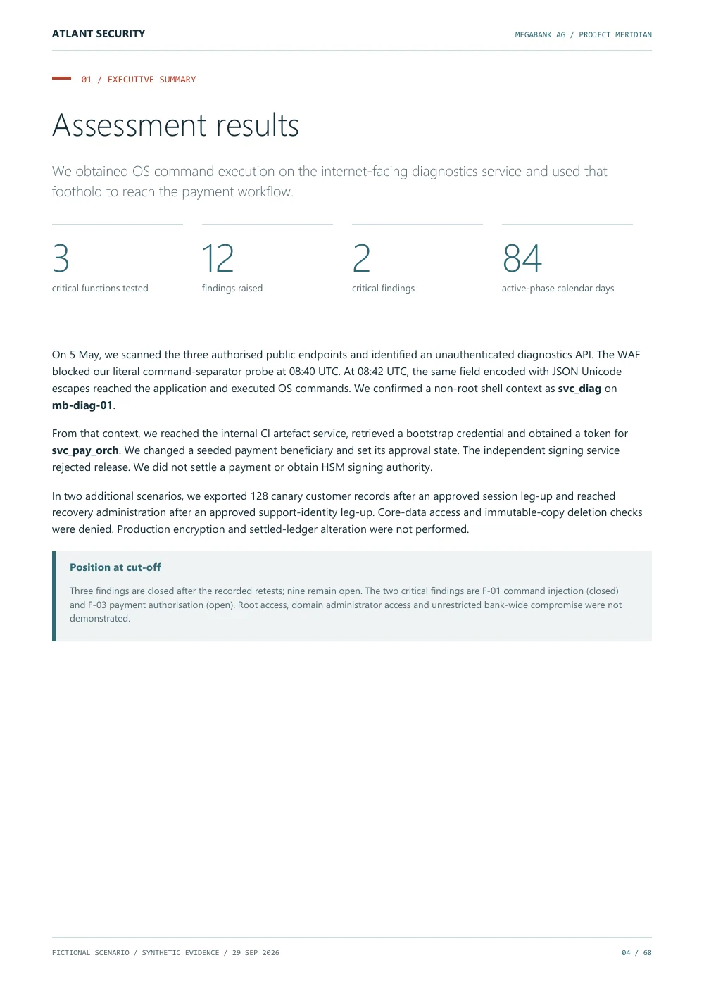 Assessment results — page 4 of the fictional Megabank AG report. Text summary follows.