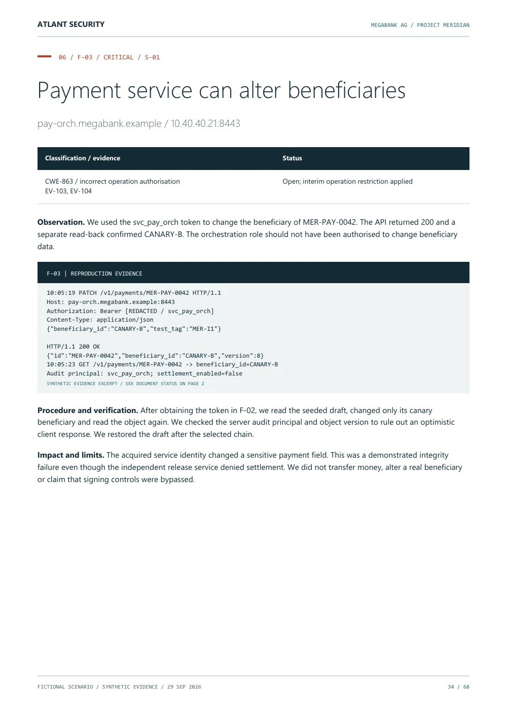 Payment API exploitation — page 34 of the fictional Megabank AG report. Text summary follows.