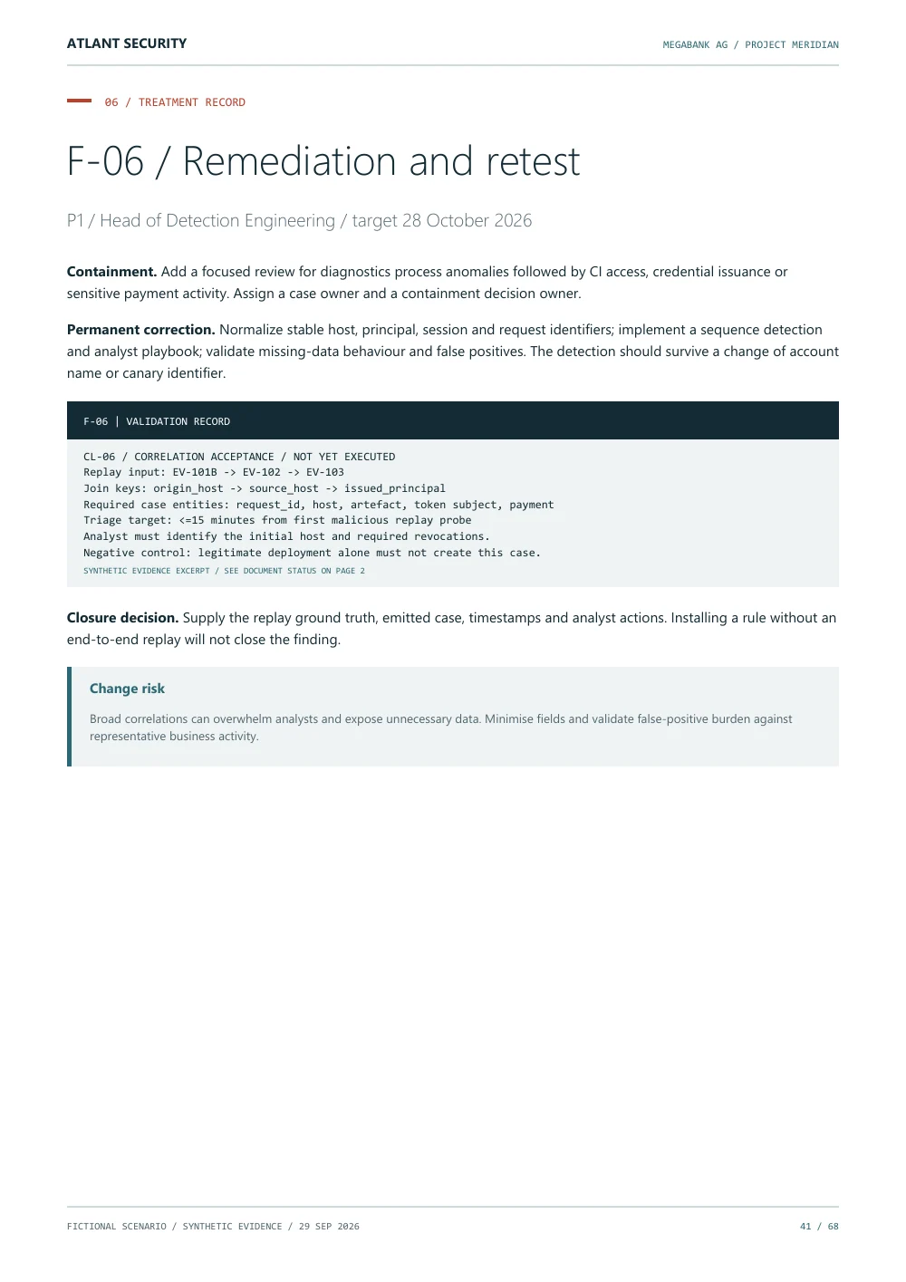 Detection acceptance criteria — page 41 of the fictional Megabank AG report. Text summary follows.